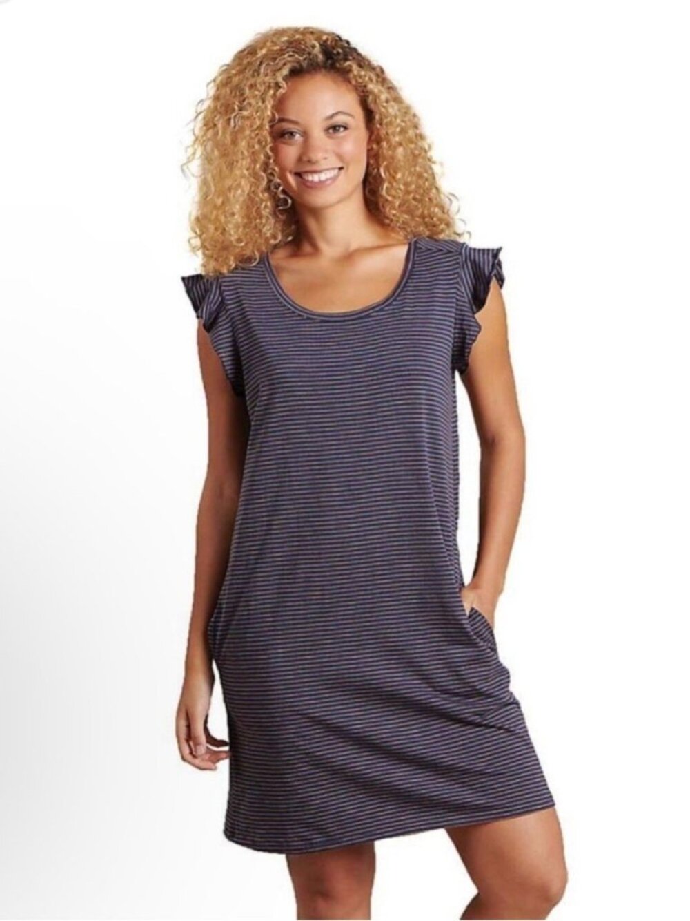 Toad&Co Rufflita Dress Navy Stripes Short Sleeve Organic Cotton Tencel Small S